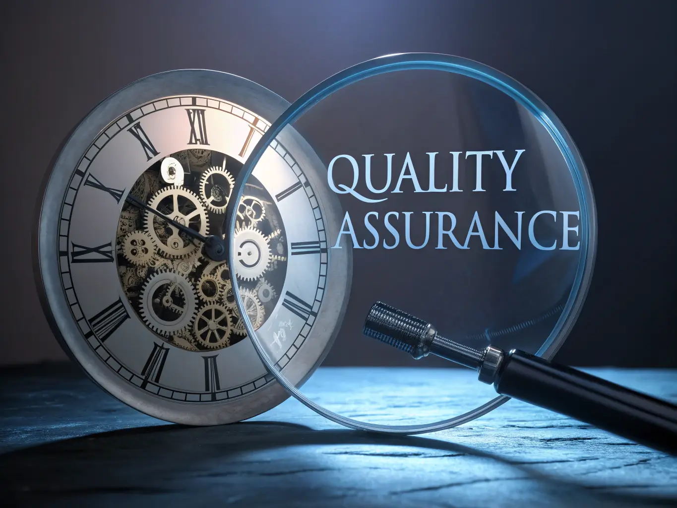 A digital illustration depicting a clock with gears inside, symbolizing time savings, with a magnifying glass examining documents in the background, representing thoroughness and accuracy.