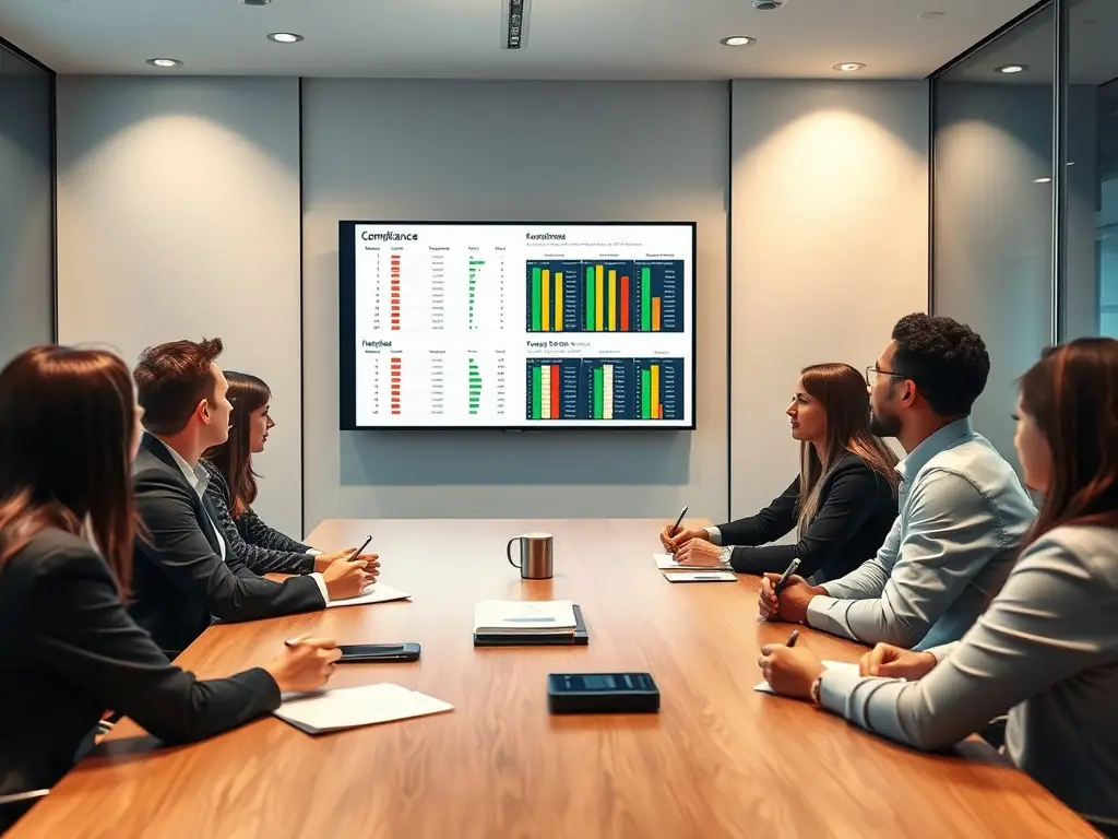 An image of a team confidently reviewing a dashboard displaying compliance metrics, with a holographic brain in the background, symbolizing AI-driven insights and improved decision-making.