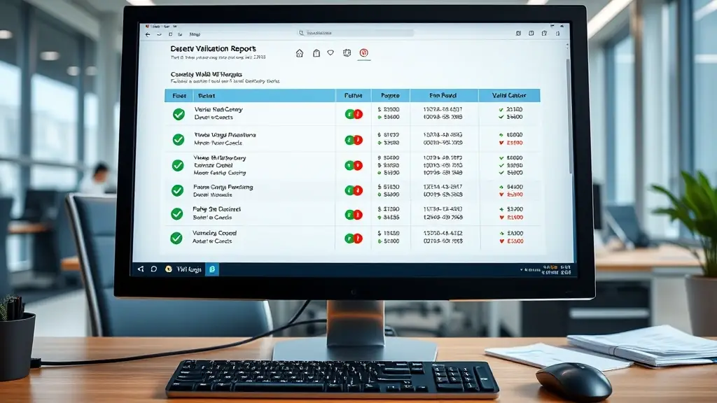 A validation report showing a table with requirements, extracted values, and compliance status (Met/Not Met) for each requirement. The report has a professional, clean design.