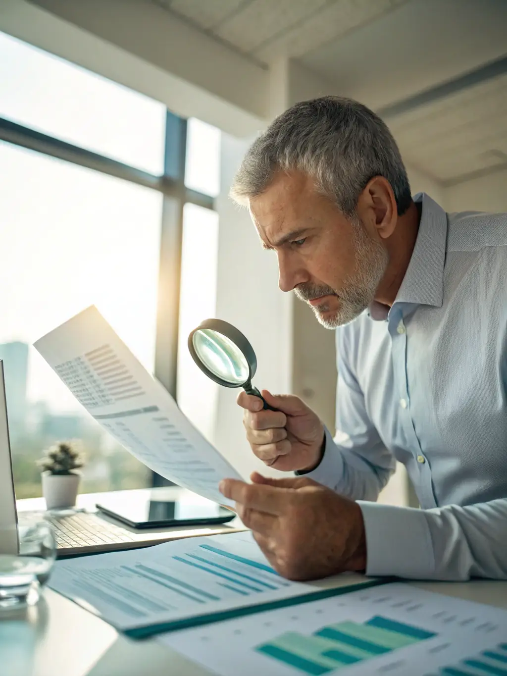 A person manually reviewing a document with a magnifying glass, surrounded by stacks of paperwork, symbolizing the manual and time-consuming nature of traditional QA/QC processes. The scene should convey a sense of tedium and potential for human error.